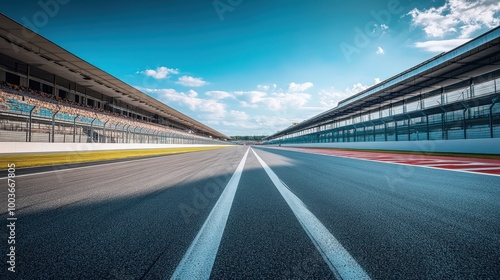 A long and empty racetrack with a clear blue sky