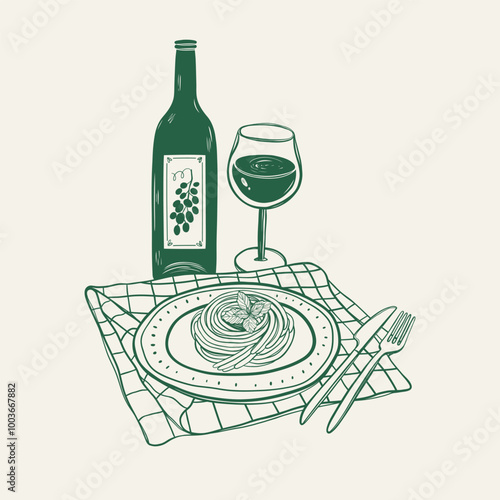 Wine and pasta hand drawn poster for wall art