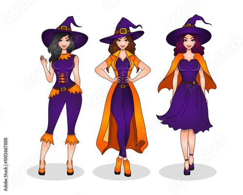 Set of Halloween Woman in Witch Costumes