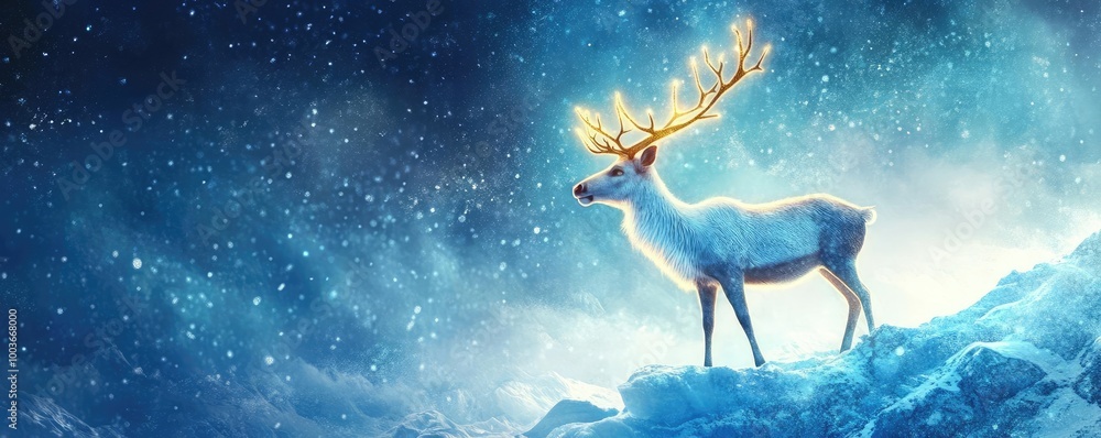 A majestic reindeer stands against a magical snowy backdrop, illuminated by soft light, evoking a sense of wonder and tranquility. A majestic reindeer stands against a magical snowy backdrop, illuminated by soft light, evoking a sense of wonder and tranquility.