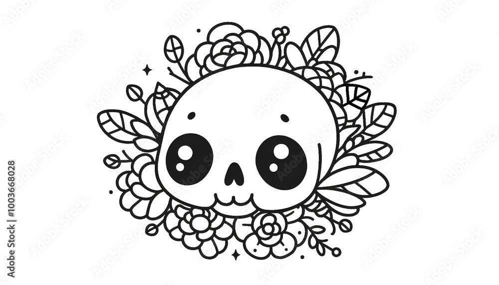 Line drawing, cute skull illustration Line drawing, cute skull illustration