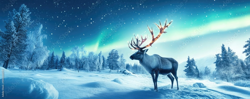 A majestic reindeer stands in a snowy landscape under the shimmering lights of the aurora borealis at night. A majestic reindeer stands in a snowy landscape under the shimmering lights of the aurora borealis at night.