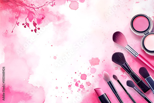 Traces of vibrant pink powder and blush forming a frame, with a makeup brush. A square template for a makeup artist's business card or flyer design, 