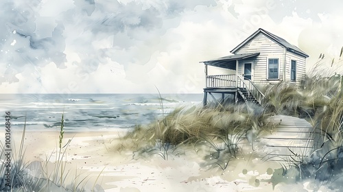A soft and simple watercolor painting of a beach house with a wooden deck, surrounded by sand dunes and sea grass. 8k UHD, suitable for high-quality printing or digital display. 
