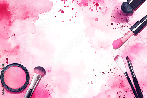 Traces of vibrant pink powder and blush forming a frame, with a makeup brush. A square template for a makeup artist's business card or flyer design, 