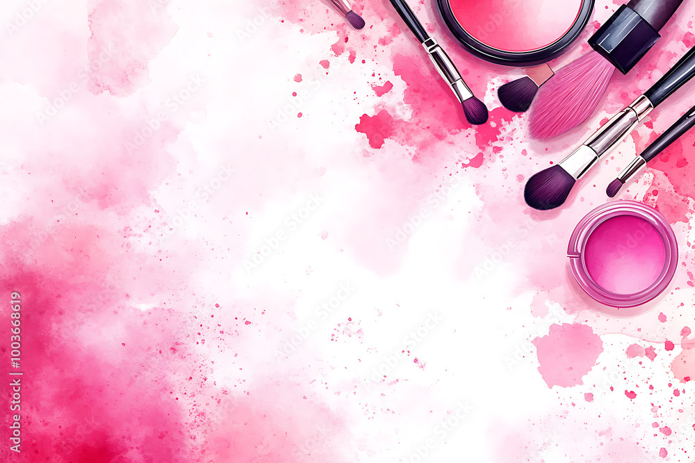 Traces of vibrant pink powder and blush forming a frame, with a makeup brush. A square template for a makeup artist's business card or flyer design,