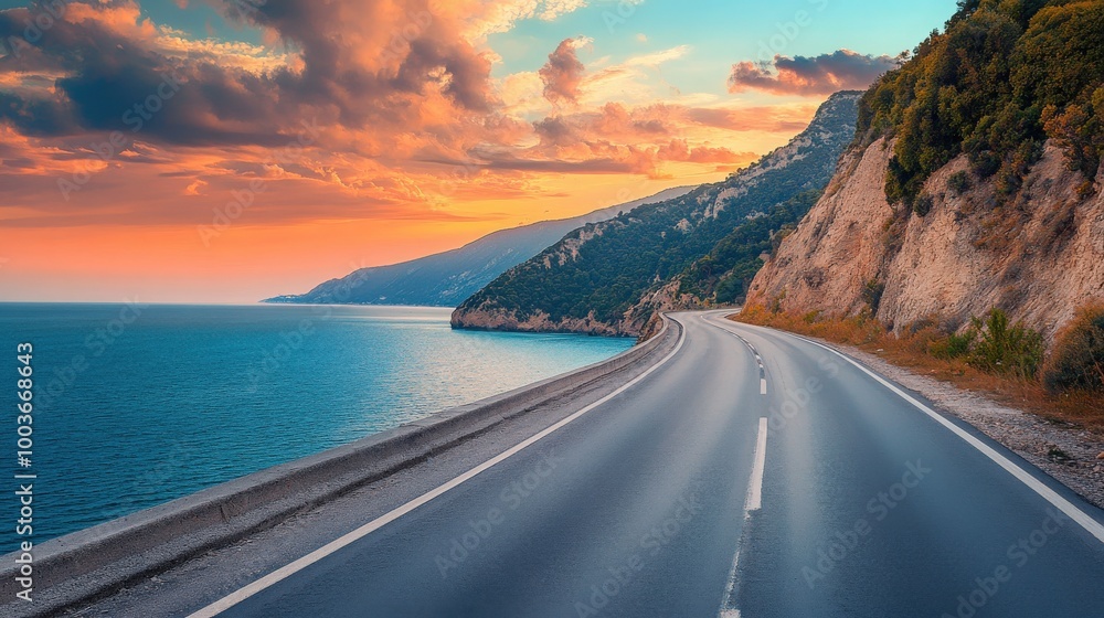 Empty asphalt highway and blue sea nature landscape at sunset Empty asphalt highway and blue sea nature landscape at sunset