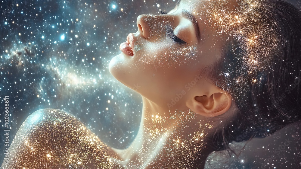 Fototapeta premium Beautiful woman with a cosmic background, stars and galaxies in her skin, creating an otherworldly portrait. 