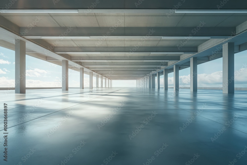 Empty floor for car park 3d rendering of abstract building with clear sky background Empty floor for car park 3d rendering of abstract building with clear sky background