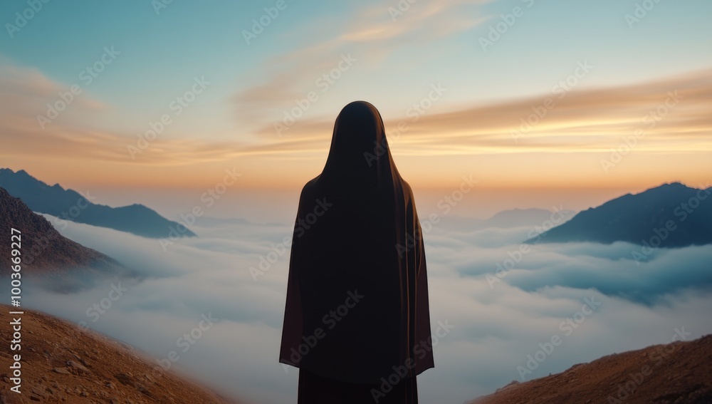 Muslim Woman in Hijab and Long Dress Against a Foggy Background Muslim Woman in Hijab and Long Dress Against a Foggy Background