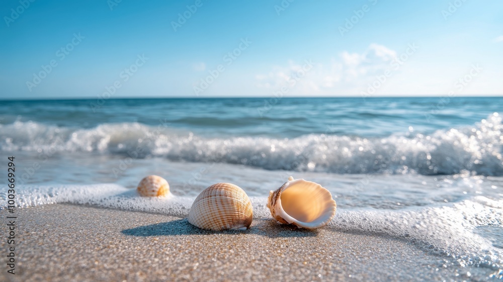 Photography of a quiet beach with a few scattered seashells, soft waves, and a backdrop Photography of a quiet beach with a few scattered seashells, soft waves, and a backdrop