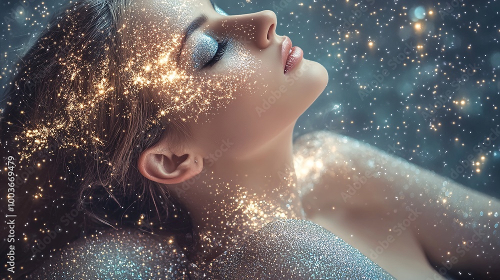 Beautiful woman with a cosmic background, stars and galaxies in her skin, creating an otherworldly portrait. Beautiful woman with a cosmic background, stars and galaxies in her skin, creating an otherworldly portrait.