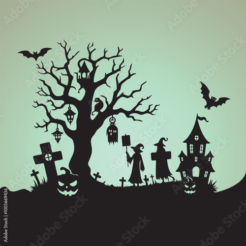 Halloween Haunted and Scary Ghost House Silhouette Vector illustration