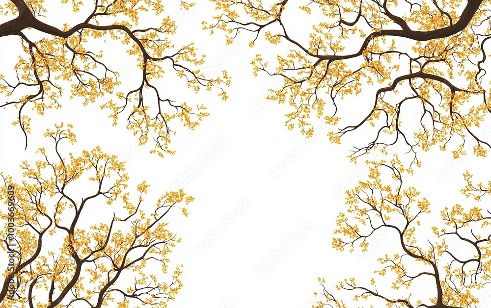 Fototapeta premium A minimalist illustration of branches with yellow leaves against a white background, creating a serene and open space.
