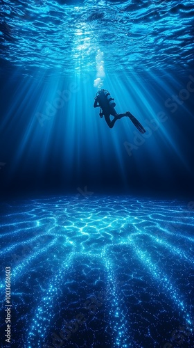 Underwater Diver Silhouette with Light Rays