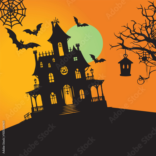 Halloween Haunted and Scary Ghost House Silhouette Vector illustration