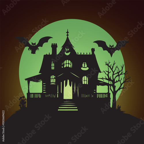 Halloween Haunted and Scary Ghost House Silhouette Vector illustration