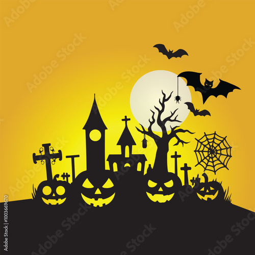 Halloween Haunted and Scary Ghost House Silhouette Vector illustration