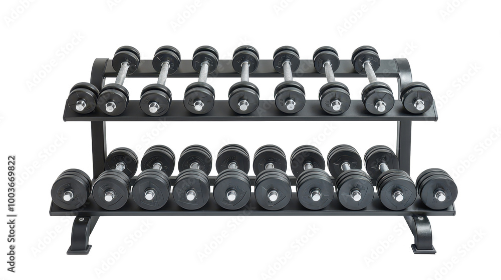 Dumbbell rack for organized weight storage on a minimalist white background showcasing various dumbbell sizes and arrangements Dumbbell rack for organized weight storage on a minimalist white background showcasing various dumbbell sizes and arrangements
