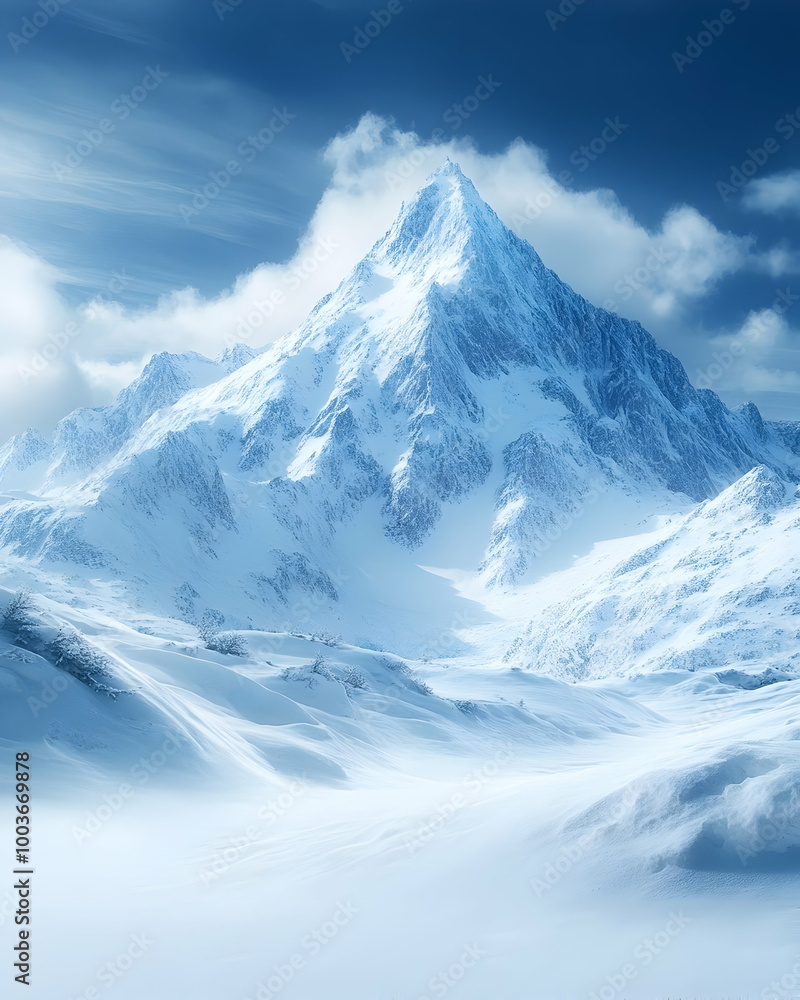 Obraz premium Snowy Mountain Peak with Clouds 3D Illustration