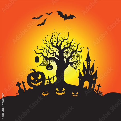 Halloween Haunted and Scary Ghost House Silhouette Vector illustration