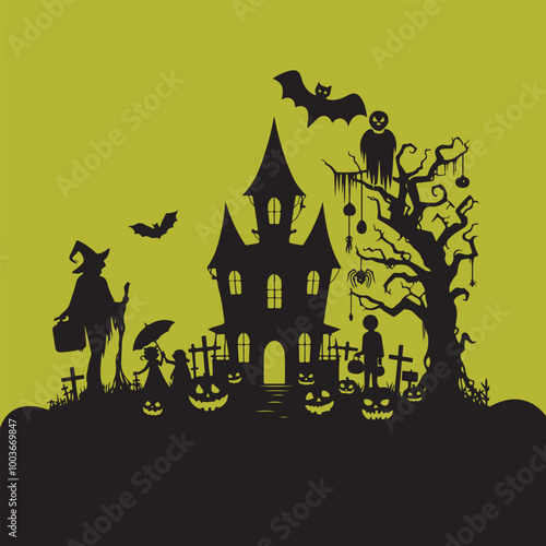 Halloween Haunted and Scary Ghost House Silhouette Vector illustration