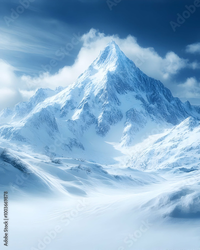 Snowy Mountain Peak with Clouds 3D Illustration