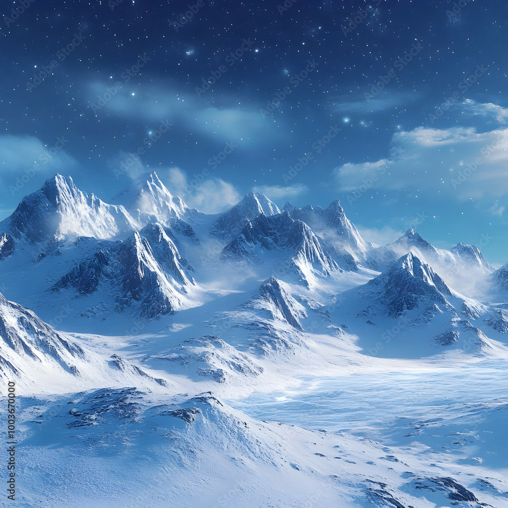 Snowy Mountain Range under a Starry Sky 3D Illustration Snowy Mountain Range under a Starry Sky 3D Illustration