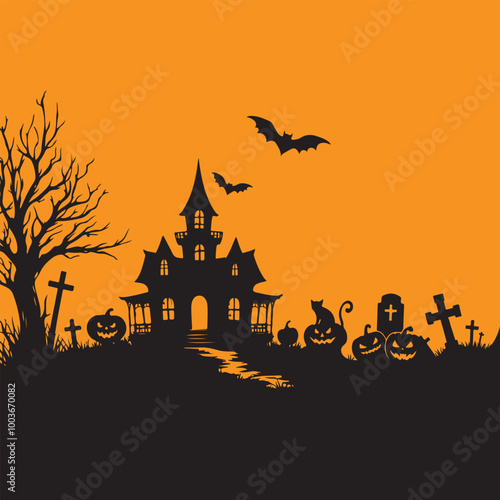 Halloween Haunted and Scary Ghost House Silhouette Vector illustration