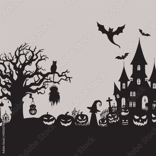 Halloween Haunted and Scary Ghost House Silhouette Vector illustration