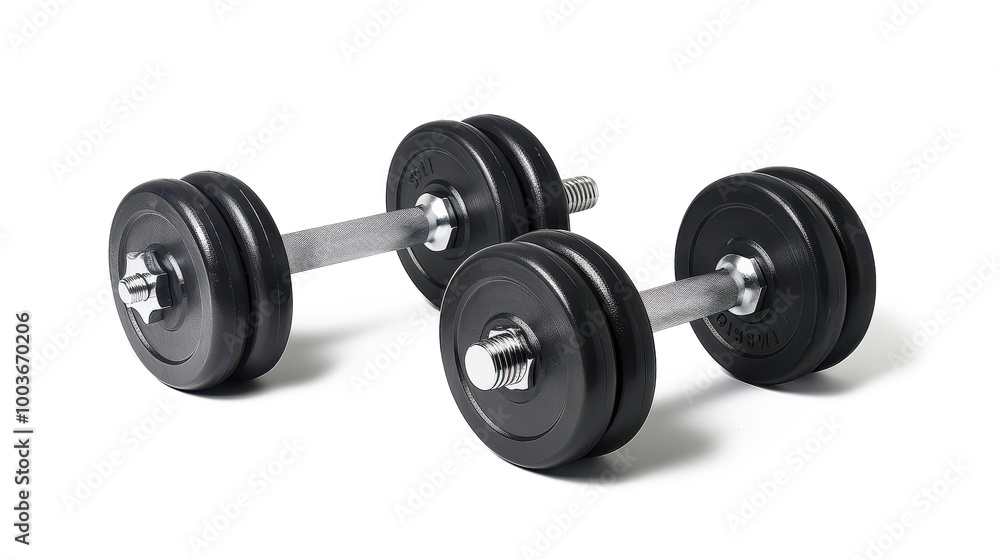 Adjustable dumbbell set on a white background, ideal for home workouts and strength training exercises Adjustable dumbbell set on a white background, ideal for home workouts and strength training exercises