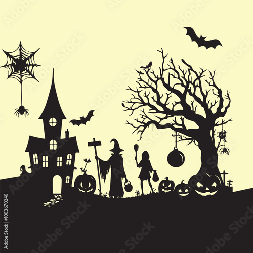 Halloween Haunted and Scary Ghost House Silhouette Vector illustration