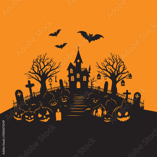 Halloween Haunted and Scary Ghost House Silhouette Vector illustration