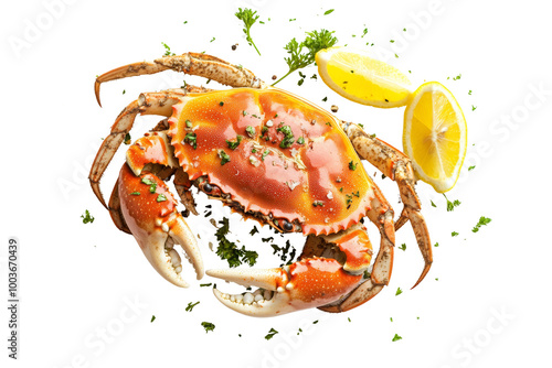 Cooked crab served with lemon wedges and herbs ,Isolated on transparent background photo