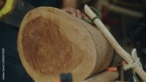 Old school woodworking by using a hand saw to cut a wooden log. Filmed in 4k 59.94 FPS