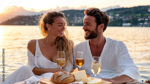 A couple enjoying a picnic by the shores of Lake Zurich, with fresh bread, cheese, and wine, surrounded by nature. photo