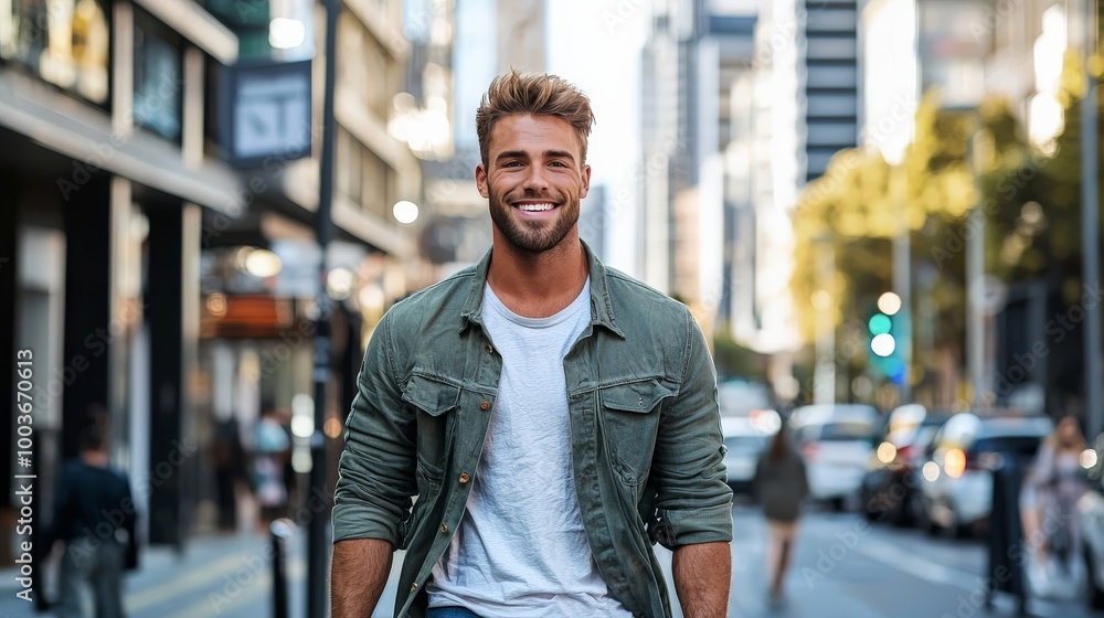 A man walking through the city with a confident stride, exuding self-assurance A man walking through the city with a confident stride, exuding self-assurance