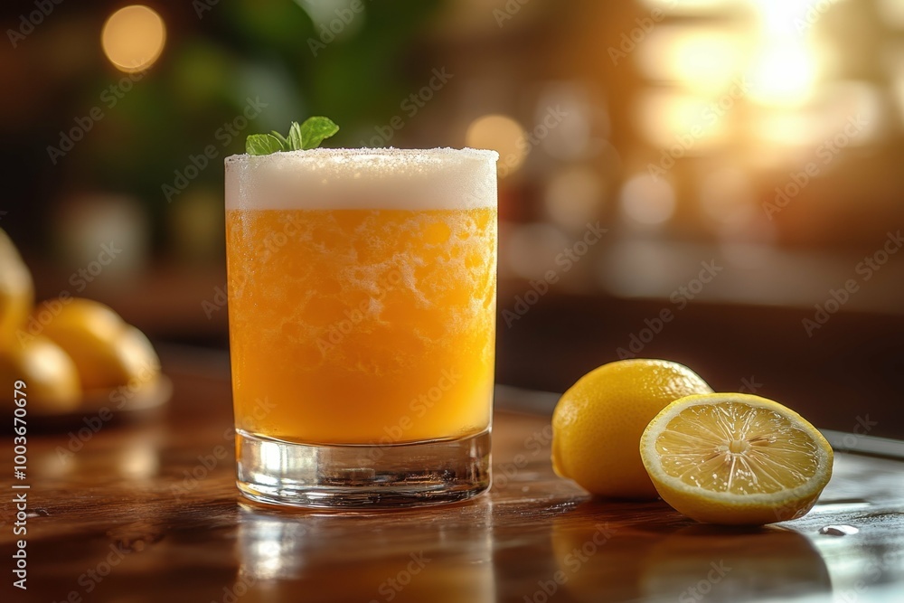 Cocktail Ramos Fizz frothy pale yellow colored placed on the right side of the table with a lemon twist on the table. Blurred bar with sunlight in the background. Cocktail Ramos Fizz frothy pale yellow colored placed on the right side of the table with a lemon twist on the table. Blurred bar with sunlight in the background.