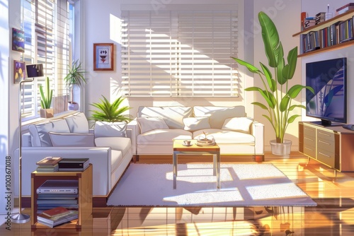 A modern living room white couch flat view, anime style background 