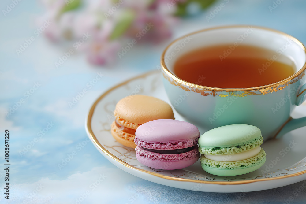A selection of colorful macaroons displayed on a ceramic plate with a cup of tea in a soft, pastel-colored cafe setting, Dessert A selection of colorful macaroons displayed on a ceramic plate with a cup of tea in a soft, pastel-colored cafe setting, Dessert