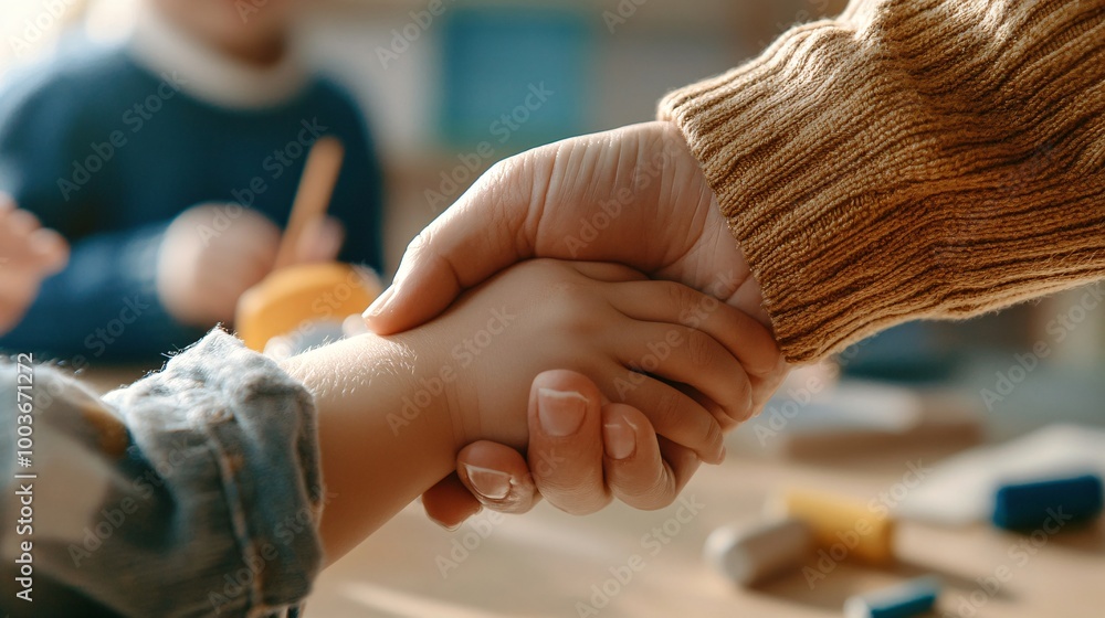 Obraz premium Teacher Gently Holding Student's Hand in Classroom Setting