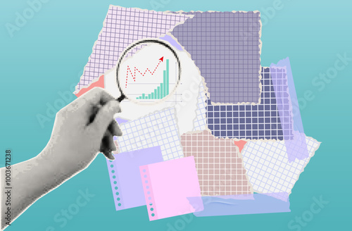 Planning, searching or registration of documents. Businessman viewing a graph through a magnifying glass, checking, analyzing financial data, dynamics of a growing graph, up arrow. Vector collage.
