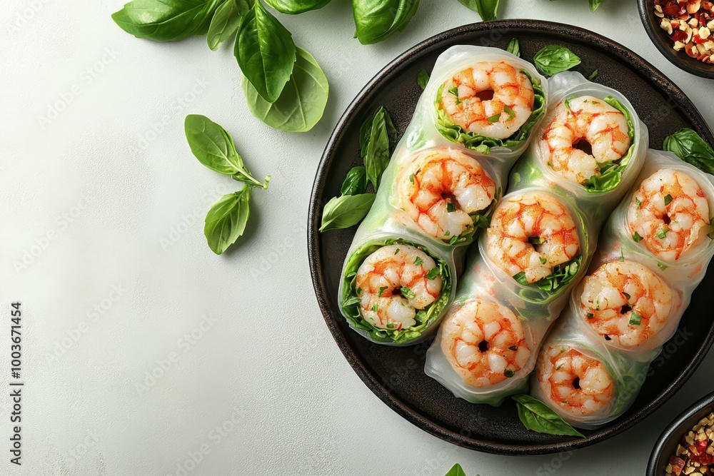 Fresh spring rolls with shrimp and peanut sauce, placed on the right side of a clean white table, professional overhead shot. Fresh spring rolls with shrimp and peanut sauce, placed on the right side of a clean white table, professional overhead shot.