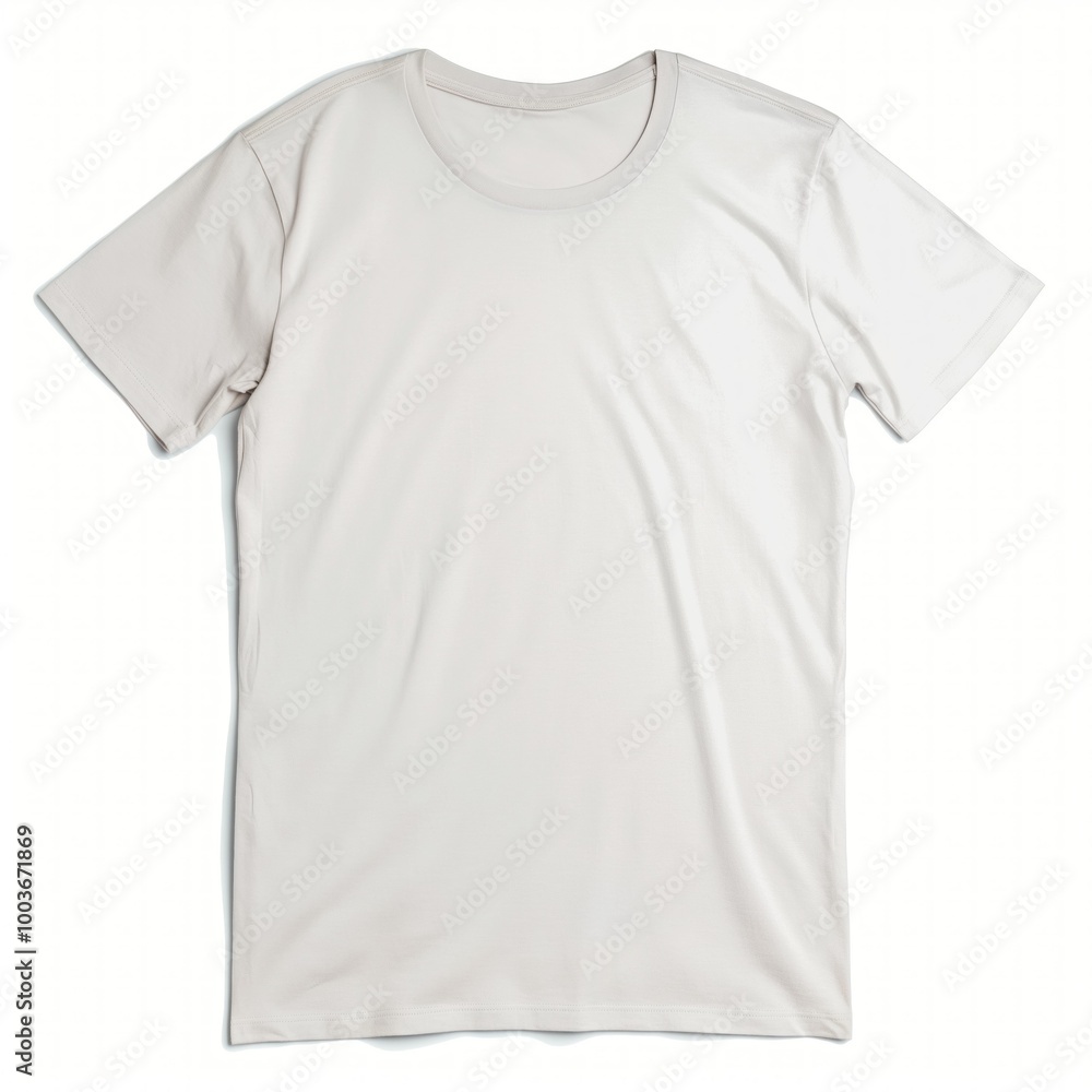 Light-colored t-shirt on white background. Close-up shot of blank casual garment. Empty space for text or logo. Cotton fabric, modern style, fashionable outfit. Light-colored t-shirt on white background. Close-up shot of blank casual garment. Empty space for text or logo. Cotton fabric, modern style, fashionable outfit.