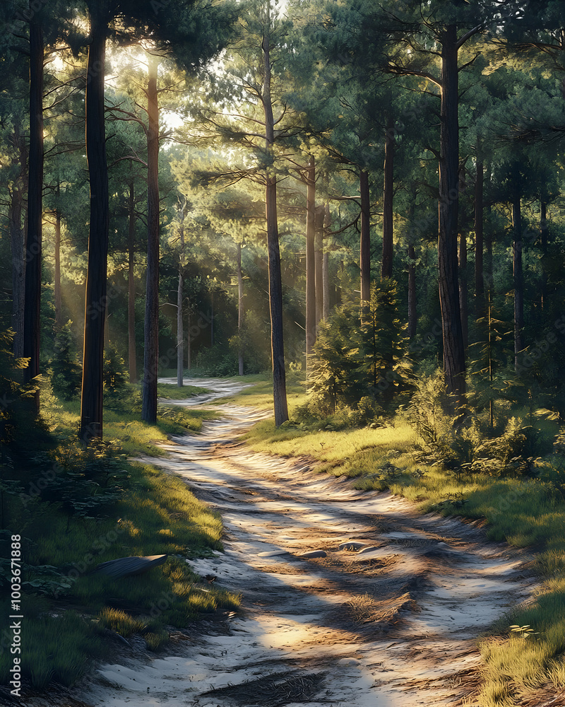 Sunbeams Through The Trees - Forest Path Illustration Sunbeams Through The Trees - Forest Path Illustration