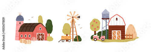 Farm buildings, barn, farmhouse, windmill, hangar set. Countryside barnyard w...
