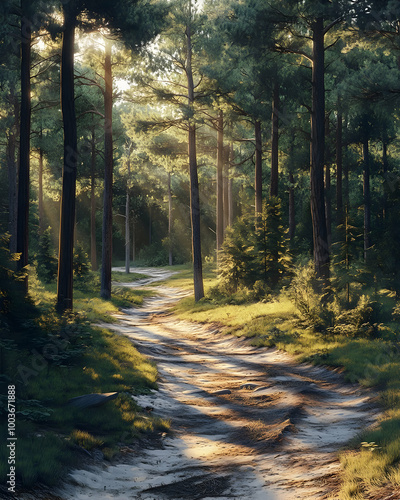 Sunbeams Through The Trees - Forest Path Illustration