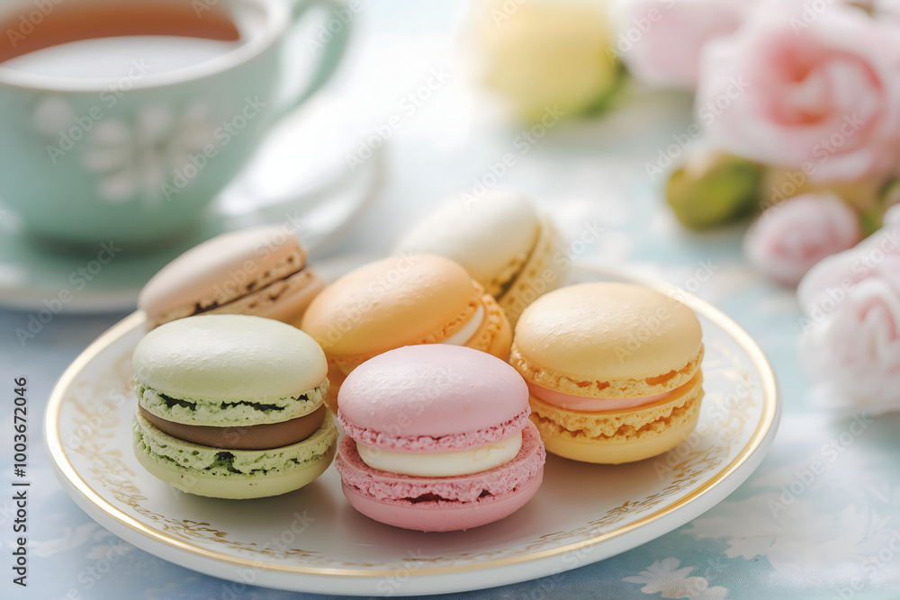 Fototapeta premium A selection of colorful macaroons displayed on a ceramic plate with a cup of tea in a soft, pastel-colored cafe setting, Dessert