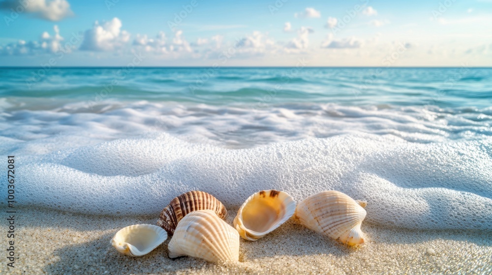 Photography of a tranquil beach scene with delicate seashells, rolling waves, and a distant Photography of a tranquil beach scene with delicate seashells, rolling waves, and a distant