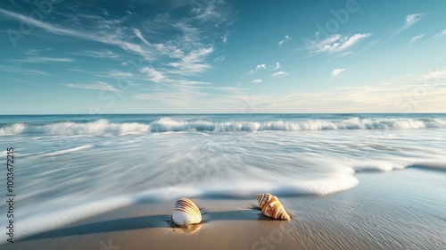 Photography of a tranquil beach scene with delicate seashells, rolling waves, and a distant